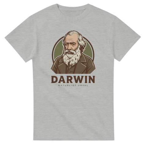 Grafisk illustration av Darwin i badge-stil på gråmelerad t-shirt
