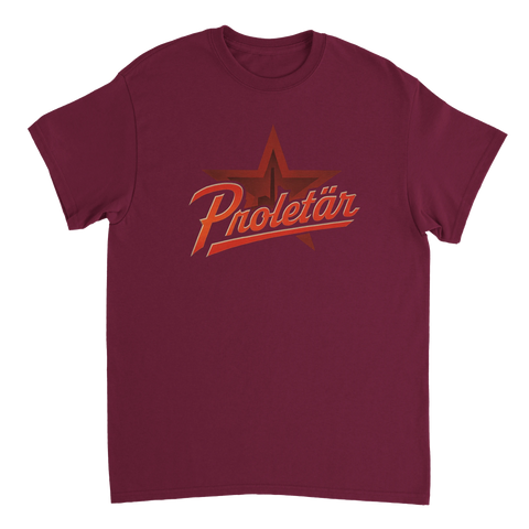 Vinröd t-shirt med vintage Proletär logotyp och röd stjärna