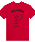 Mörk humoristisk t-shirt med röd bas och tecknat Stay Curious-motiv