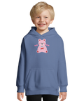 Rosa nallebjörn med "I ❤️ U" och godis på blå barnhoodie.