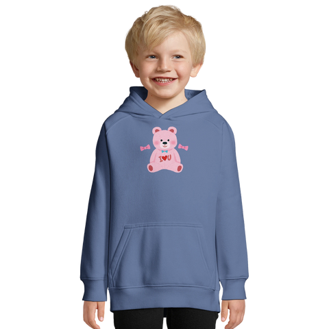 Rosa nallebjörn med "I ❤️ U" och godis på blå barnhoodie.