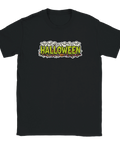 Grafiskt tryck med spöktema och texten Halloween på en svart t-shirt