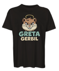 Absurd cartoon-design med en stirrig gerbil på svart oversized t-shirt