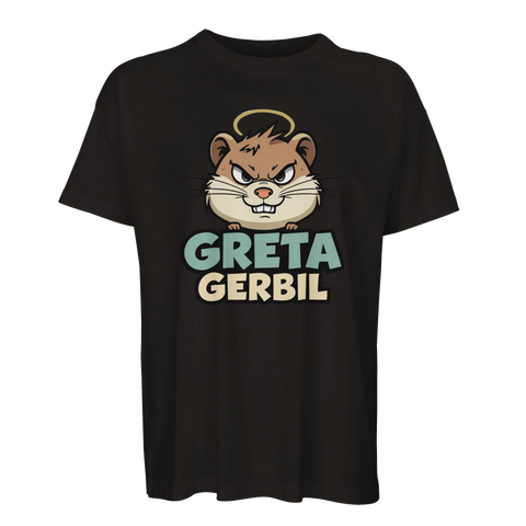 Absurd cartoon-design med en stirrig gerbil på svart oversized t-shirt