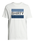 Minimalistisk t-shirt med grafiskt logotypmotiv i blå nyanser