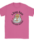 Rosa t-shirt med farfar, en höna och texten ”Lägg ägg i farfars skägg”.