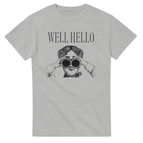 Grafiskt tryck med kvinna som spanar i kikare – gråmelerad t-shirt