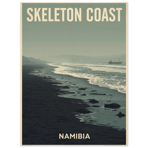 Retro affisch föreställande Skeleton Coast i Namibia med mörk strand, vitskummande vågor och ett skeppsvrak i horisonten.