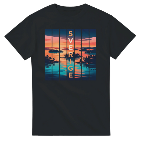 Konstnärligt tryck av öar och tallar i varma färger – svart t-shirt