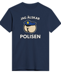 Marinblå t-shirt med humoristisk illustration av en polisbricka formad som en bakdel