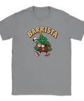 Grå t-shirt med en kaffeserverande julgran och texten ”Barrista”.
