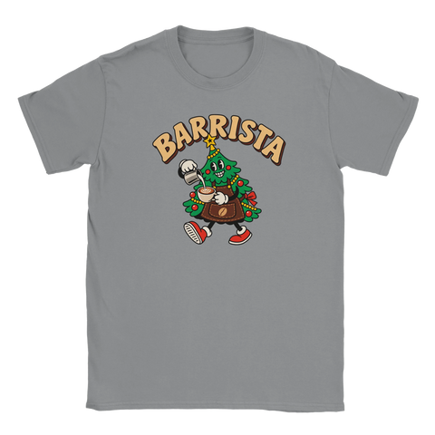Grå t-shirt med en kaffeserverande julgran och texten ”Barrista”.