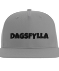 Grå snapback-keps med broderad text dagsfylla i svart minimalistisk stil
