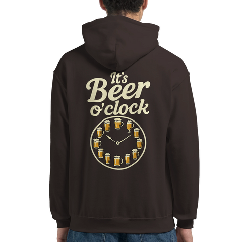 Humoristisk illustration av en klocka med ölglas tryckt på ryggen