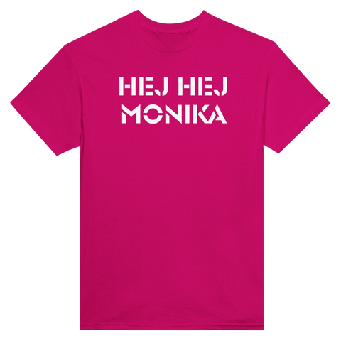 Modern illustration av känd låttext i vit font på cerise yta