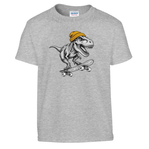 Gråmelerad barn-t-shirt med en T-Rex i gul mössa på skateboard.