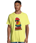 Tupp med solglasögon och texten "Cocky Attitude" på gul ekologisk oversized t-shirt.