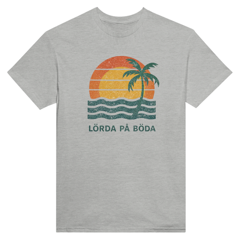 Vintagedesign med vågor och palmblad på gråmelerad t-shirt