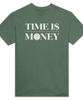 Grön t-shirt med texten Time is Money och en klocka i bokstaven O.