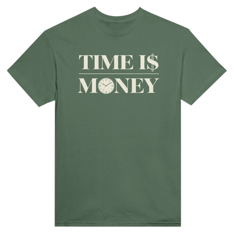 Grön t-shirt med texten Time is Money och en klocka i bokstaven O.
