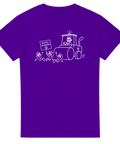 Humoristisk illustration av klimataktivister och arbetsmaskin på lila t-shirt