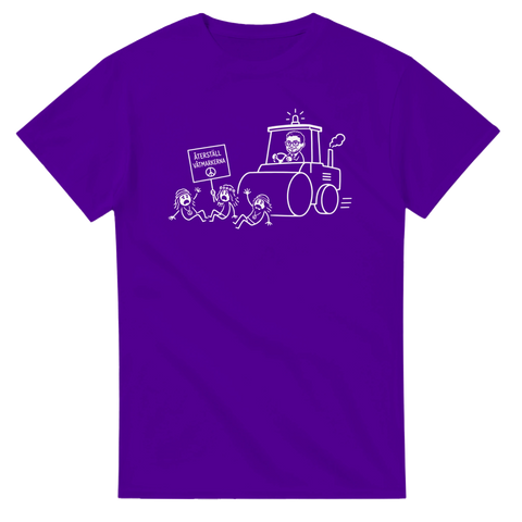 Humoristisk illustration av klimataktivister och arbetsmaskin på lila t-shirt