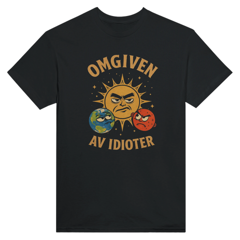 Satirisk illustration av en arg sol och planeter med texten Omgiven av idioter