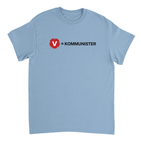 Politisk t-shirt med texten V lika med kommunister – stilren illustration