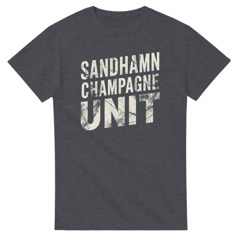 Grafiskt motiv med skärgårdsattityd och sliten typografi på grå t-shirt