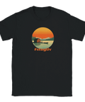 Vintagedesign med solnedgång och stugmotiv tryckt på svart t-shirt