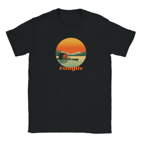 Vintagedesign med solnedgång och stugmotiv tryckt på svart t-shirt