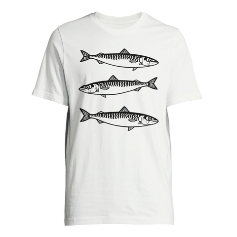 Klassiskt makrillmotiv för havsentusiaster – vit t-shirt med tryck