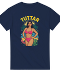 Pinup-kvinna i bikini med texten "TUTTAR" på mörkblå t-shirt.