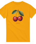 Gul t-shirt med vintageinspirerat körsbärsmotiv och röd text