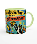 Mugg med texten Tacokvällar är en extremsport, tacos och en katt.
