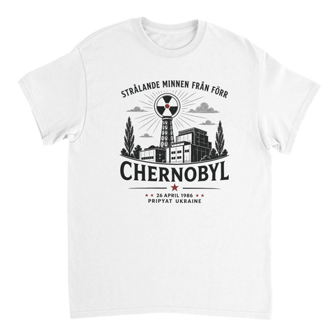 Retro grafisk illustration av kärnkraftverket i Chernobyl på vit t-shirt