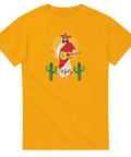 Gul t-shirt med färgstarkt och ironiskt Jesús-motiv tryckt på bröstet