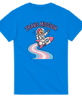 Klarblå t-shirt med humoristisk Trans Mission text och rymdraket