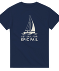 Mörkblå t-shirt med vitt tryck föreställande en segelbåt och rolig text