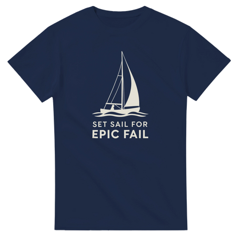 Mörkblå t-shirt med vitt tryck föreställande en segelbåt och rolig text
