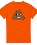 Bajsemoji med stort leende ansikte på orange t-shirt.