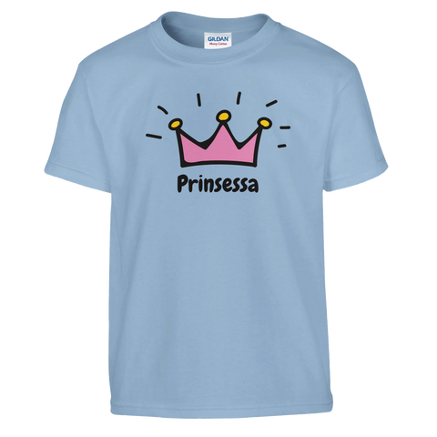 Tecknad rosa prinsesskrona med text "Prinsessa" på ljusblå barntröja.