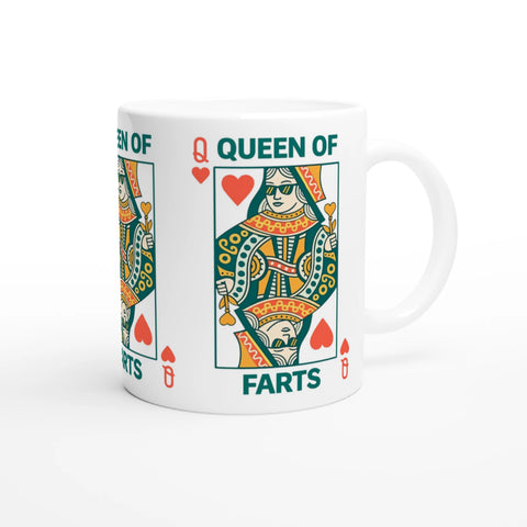 Humoristiskt motiv av en drottning på spelkort med texten Queen of Farts