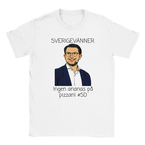 Satirisk illustration av Jimmie Åkesson med texten Ingen ananas på pizzan