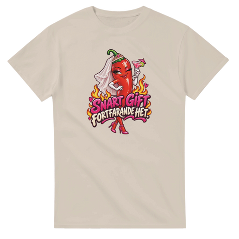 T-shirt med en chili i brudslöja och texten Snart gift, fortfarande het
