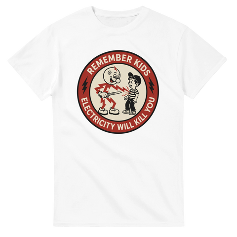 Satirisk maskot och pojke i retrostil – rolig t-shirt med attityd