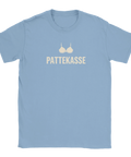 Ljusblå t-shirt med humoristiskt grafiskt tryck föreställande en bh och text