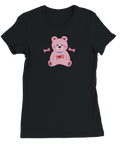 Rosa nallebjörn "I <3 U" med blå fluga och rosa rosetter på svart dam t-shirt.
