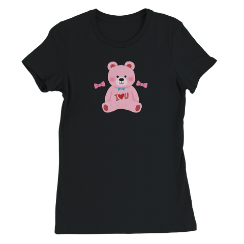 Rosa nallebjörn "I <3 U" med blå fluga och rosa rosetter på svart dam t-shirt.