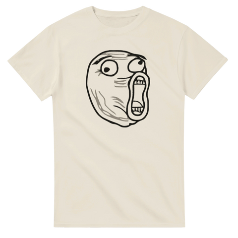 Ikonisk Lolguy meme karaktär med stora ögon – beige t-shirt design